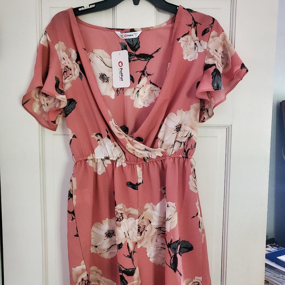 Floral Print V neck Short-sleeve Pink Romper Shorts